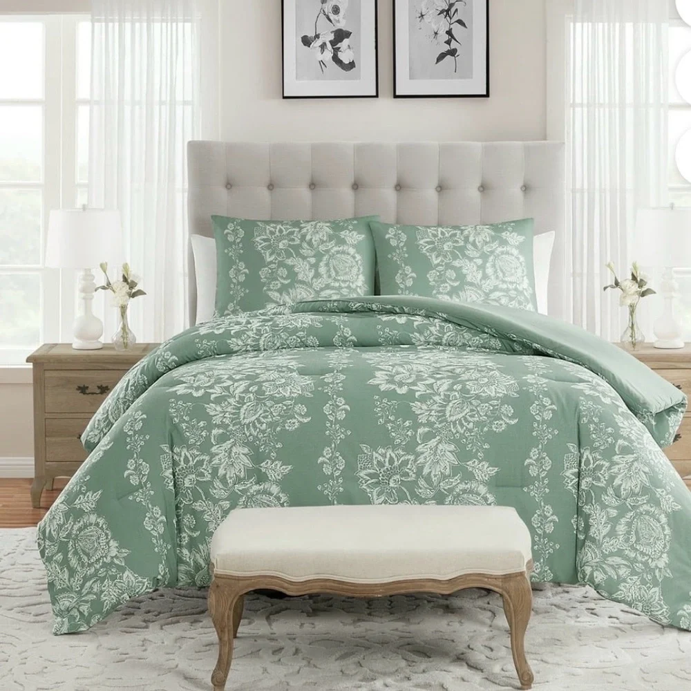 Farmhouse Green Floral Bedding my Texas House Caroline 3 piece toile Full Queen